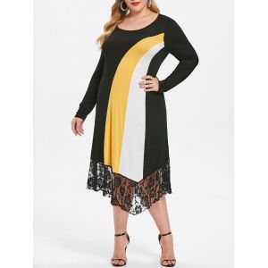 

Plus Size Lace Insert Color Block Back Criss Cross Dress, Multi