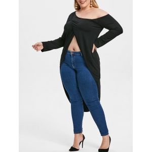 

Plus Size One Shoulder Skew Collar Slit High Low Top, Black