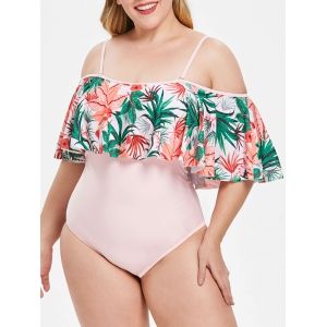 

Floral and Leaf Print Plus Size Padded Swimwear, Pink