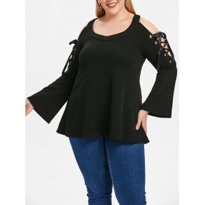 

Lace Up Sleeve Plus Size Sweetheart Neck T-shirt, Black