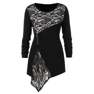 

Plus Size Asymmetrical Lace Insert T-shirt, Black