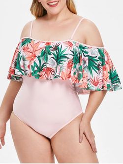 Floral and Leaf Print Plus Size Padded Swimwear - PINK - 2X