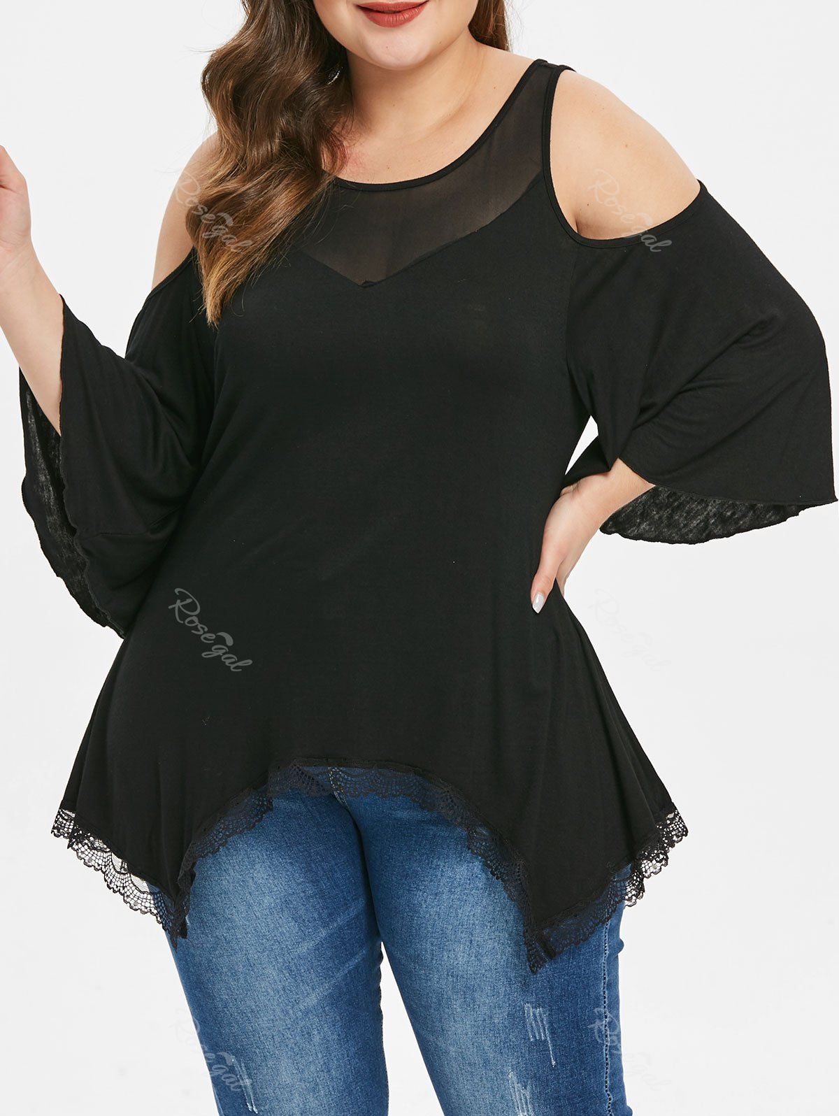 

Lace Panel Plus Size Mesh Panel T-shirt, Black