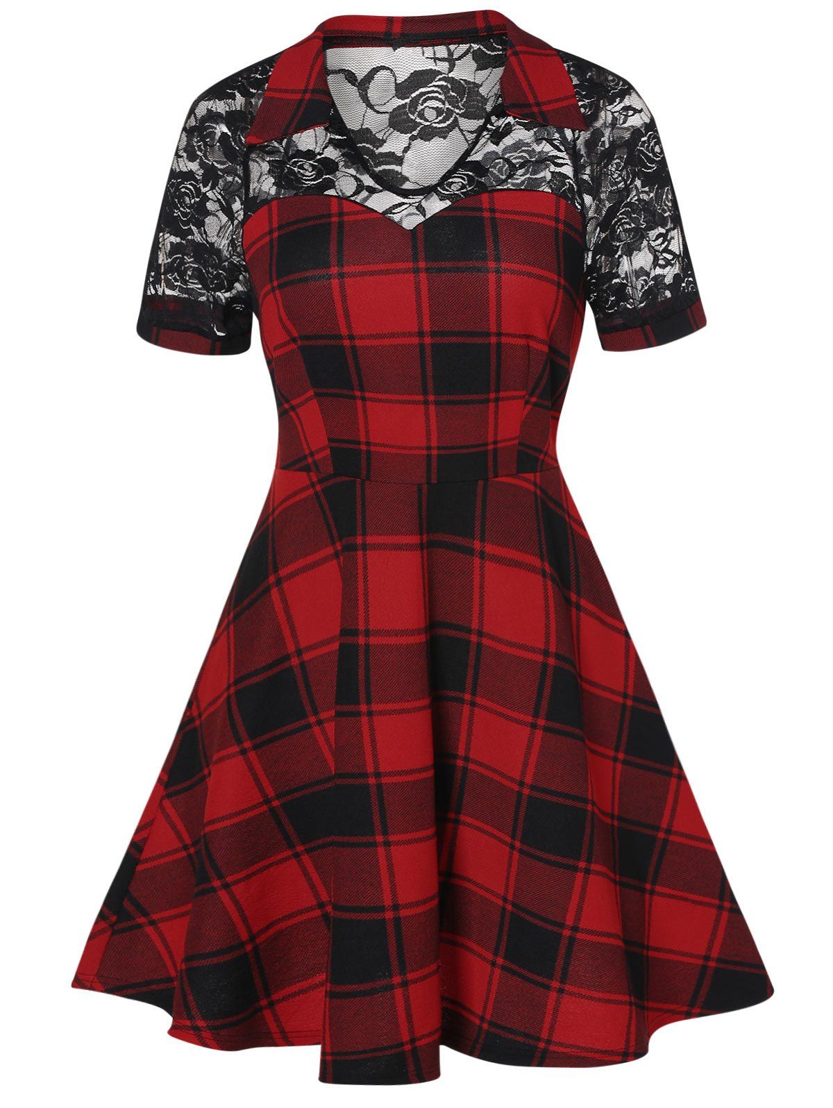 

Vintage Lace Insert Plaid A Line Dress, Lava red