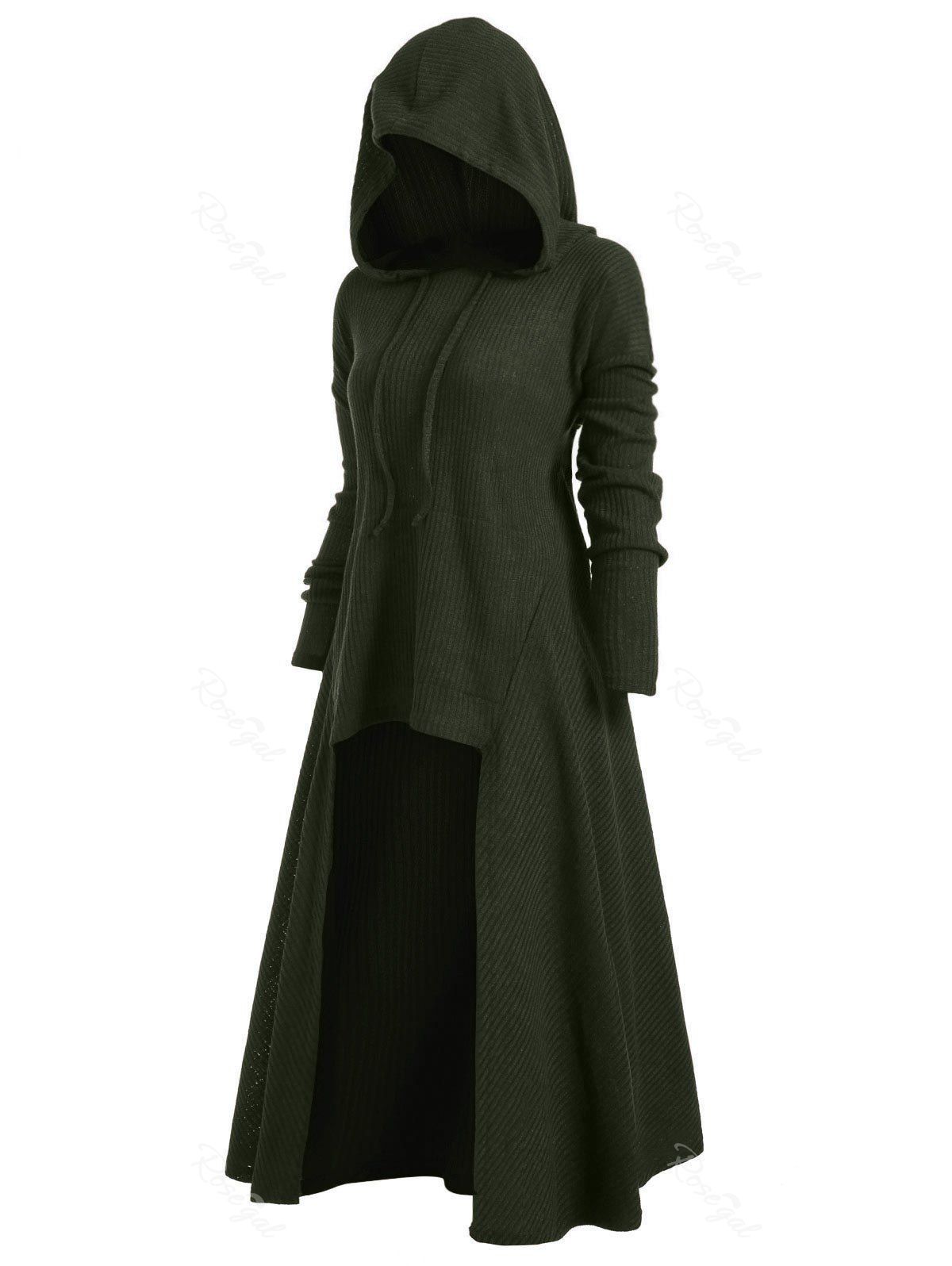 

Drawstring Plus Size Hooded Ribbed Sweater, Army green