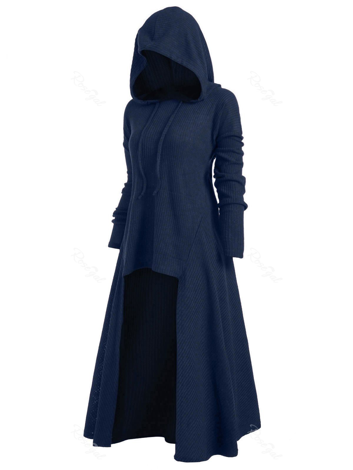 

Drawstring Plus Size Hooded Ribbed Sweater, Dark slate blue