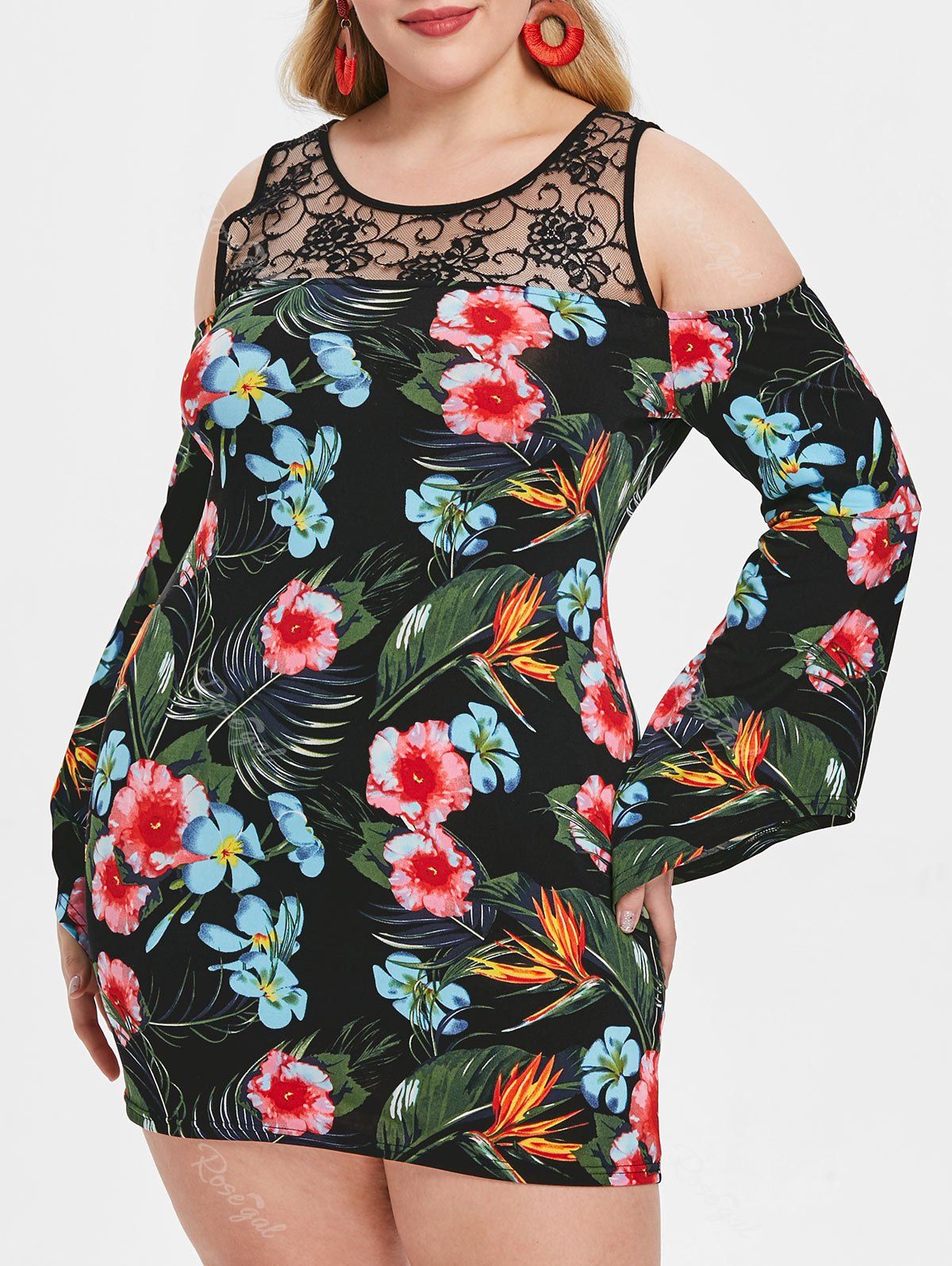 

Plus Size Open Shoulder Floral Bodycon Dress, Black