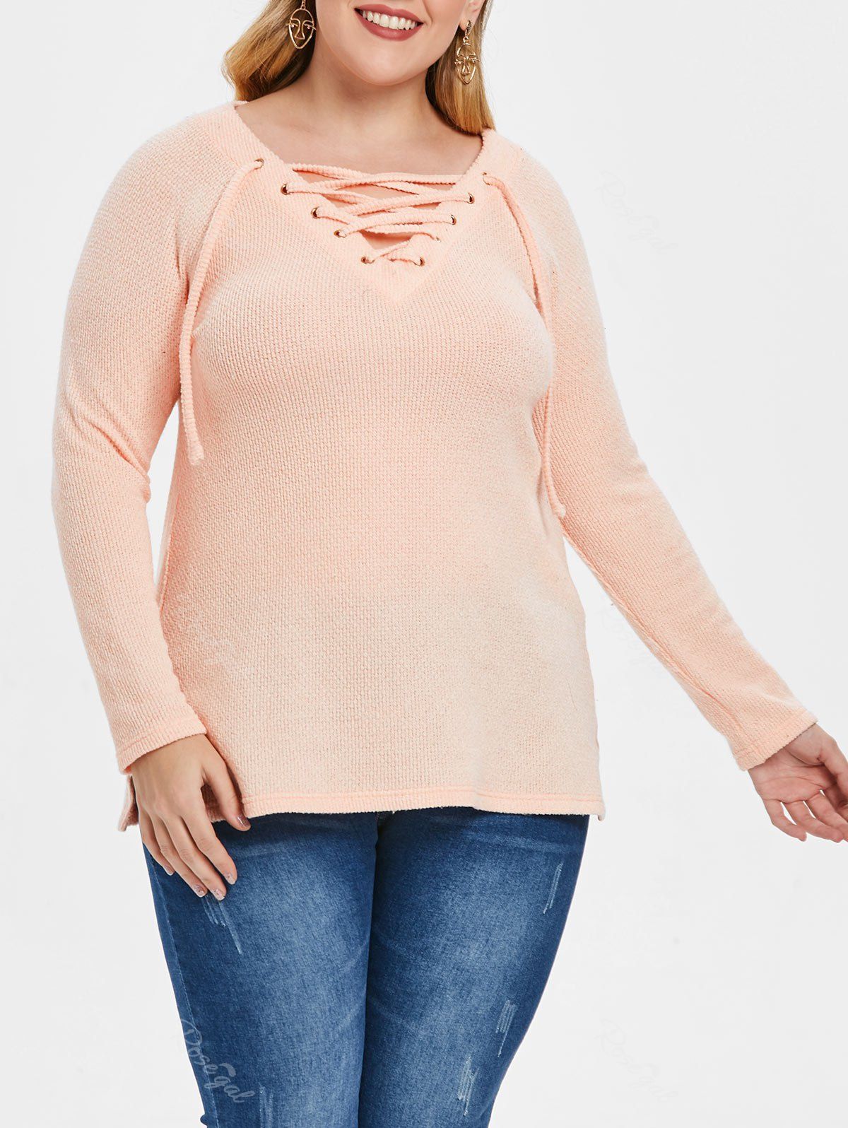 

Plus Size Raglan Sleeve Lace Up Sweater, Orange pink