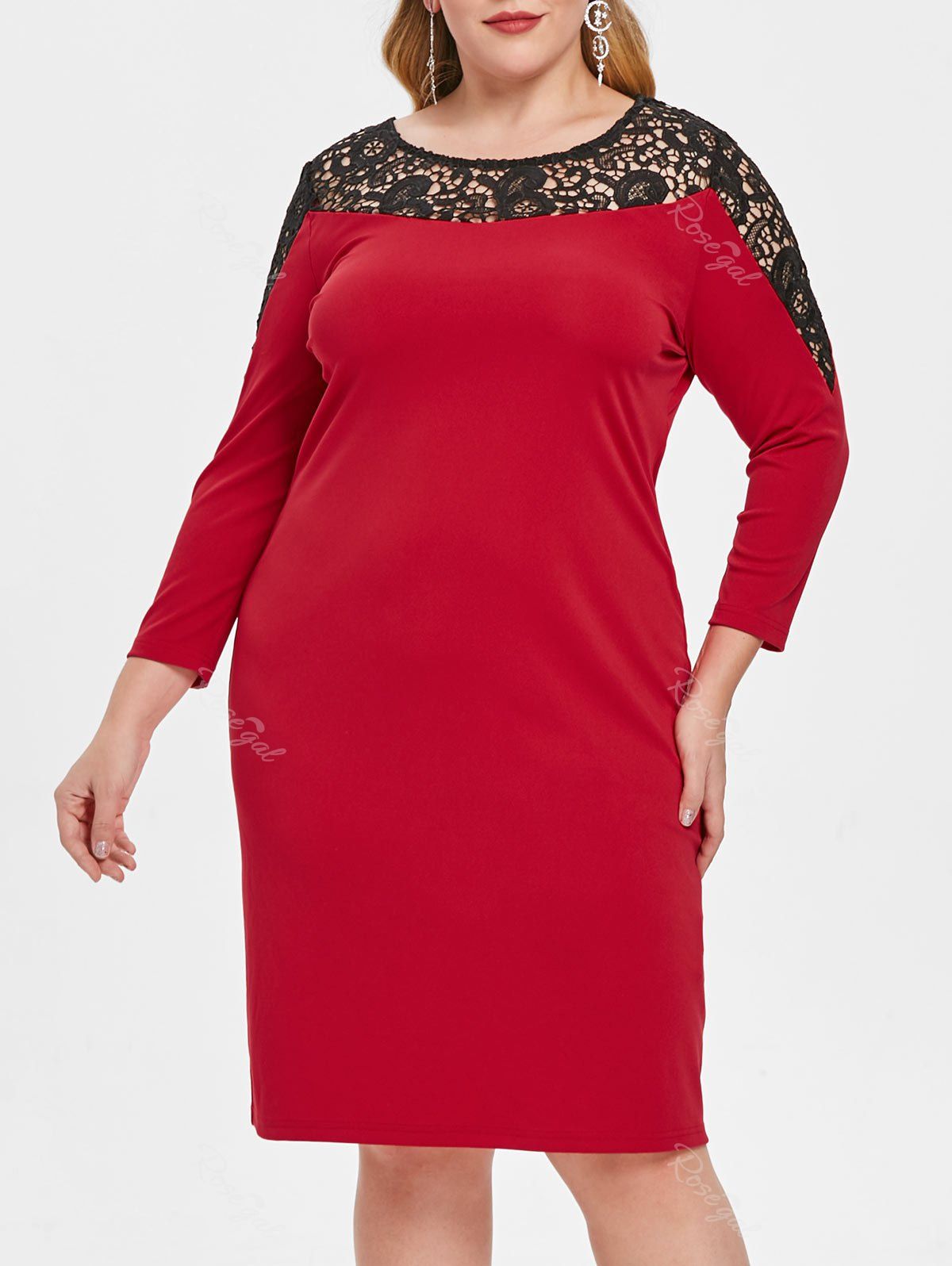 

Plus Size Lace Insert Hollow Out Bodycon Dress, Lava red