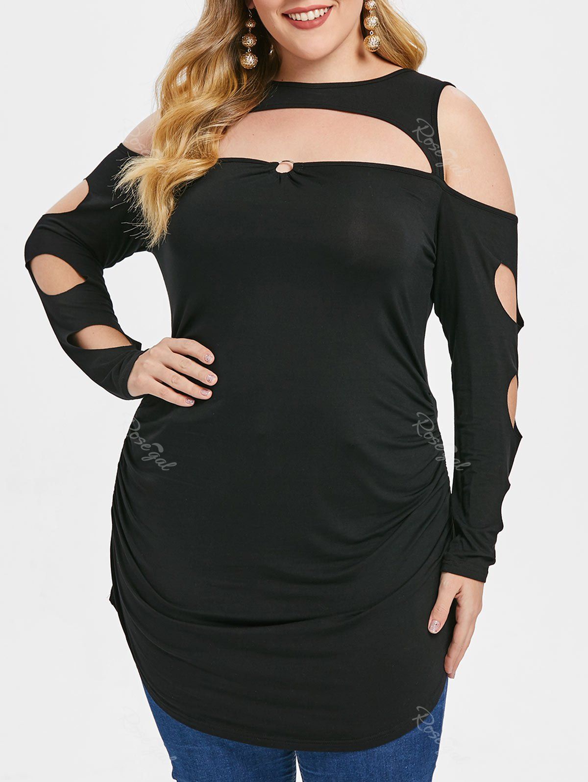 

Plus Size Cutout Ring Ruffles Cold Shoulder T-shirt, Black