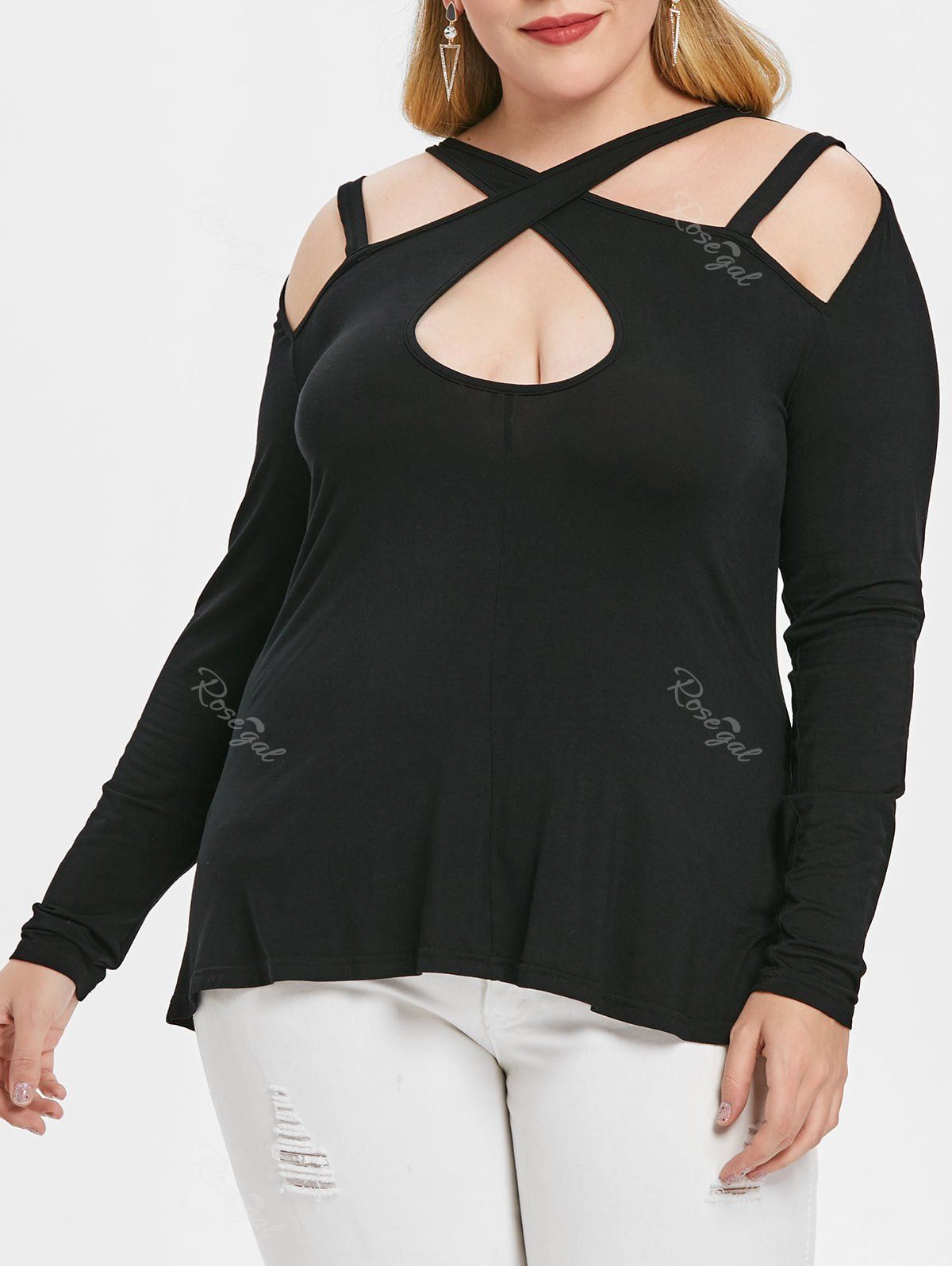 

Plus Size Long Sleeve Criss Cross Solid T-shirt, Black