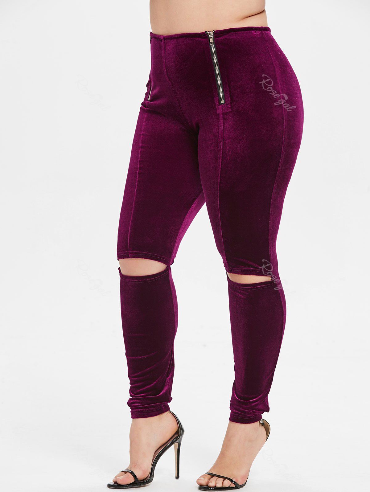 

Plus Size Zip Ripped Velvet Leggings, Red wine