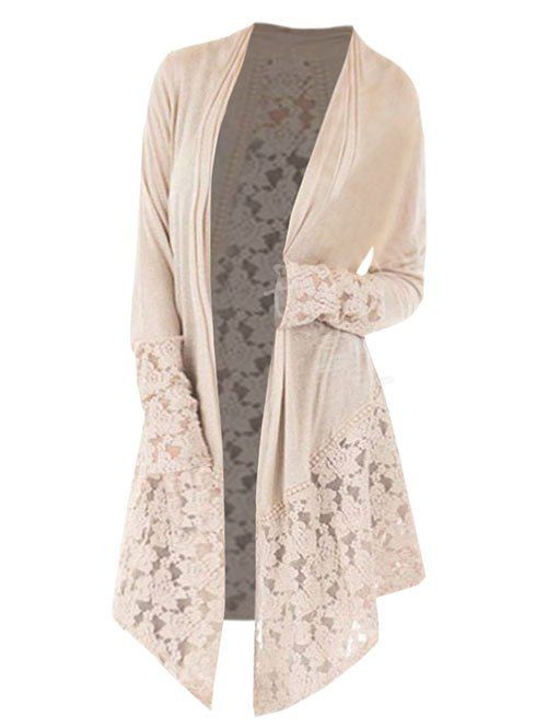 

Collarless Plus Size Lace Panel Cardigan, Light khaki