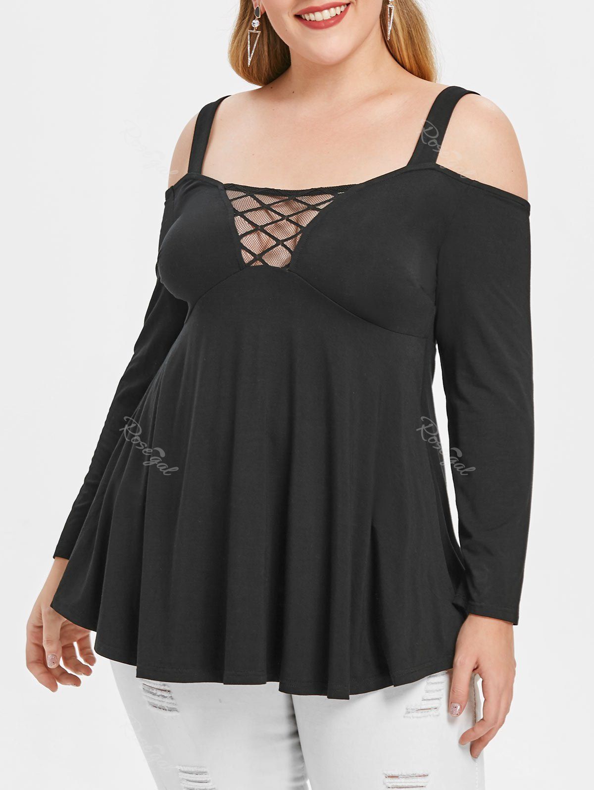 

Plus Size Sheer Mesh Panel Cami T Shirt, Black