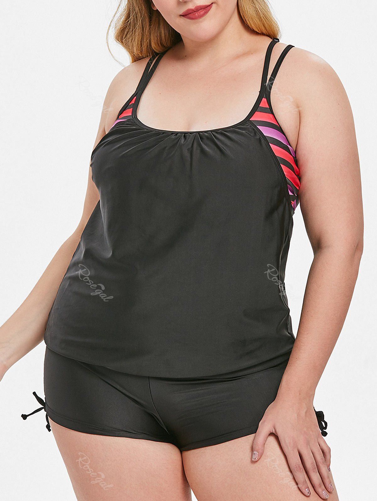 

Striped Panel Plus Size Padded Tankini Set, Black