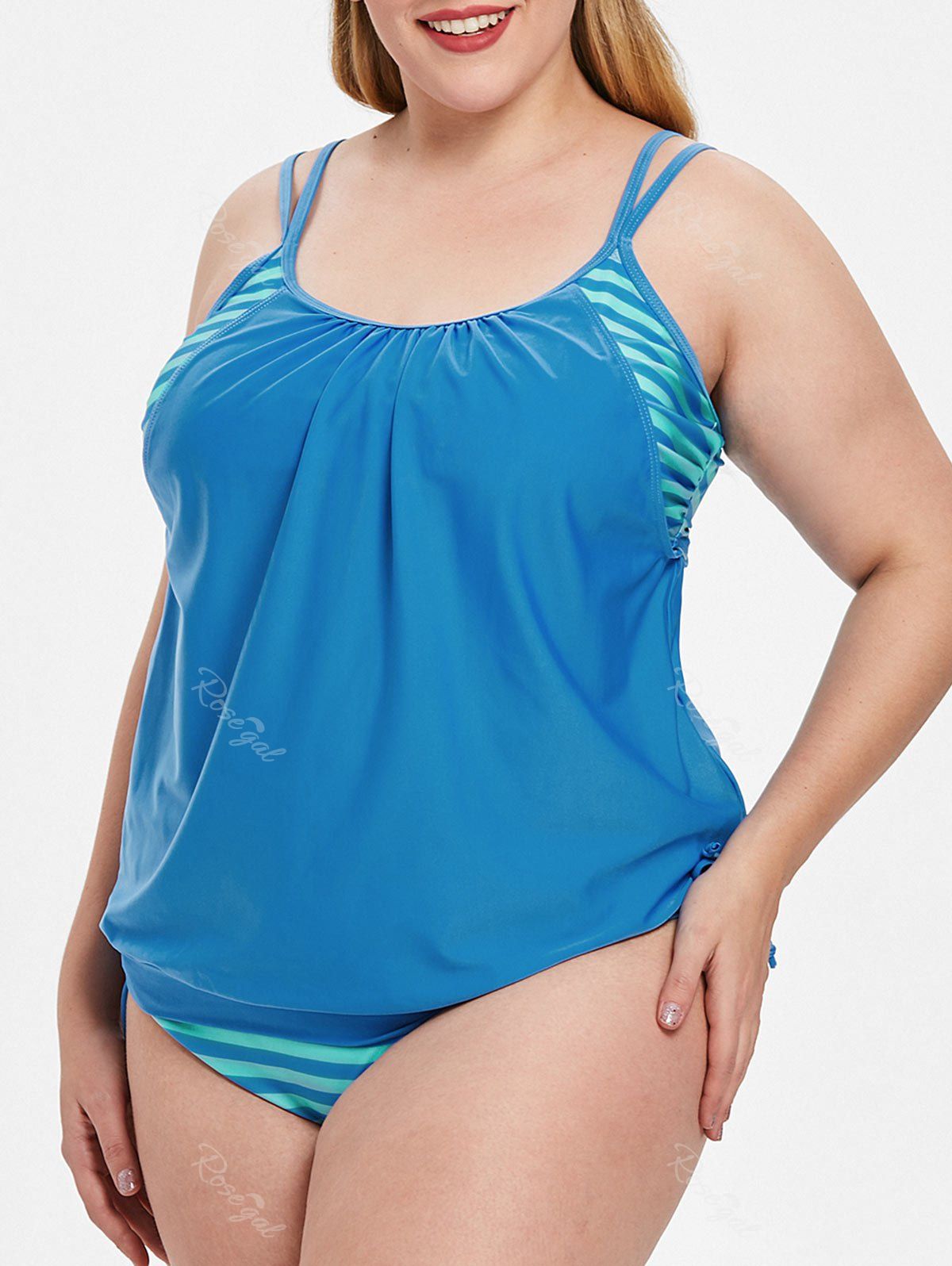 

Striped Panel Plus Size Padded Tankini Set, Crystal blue