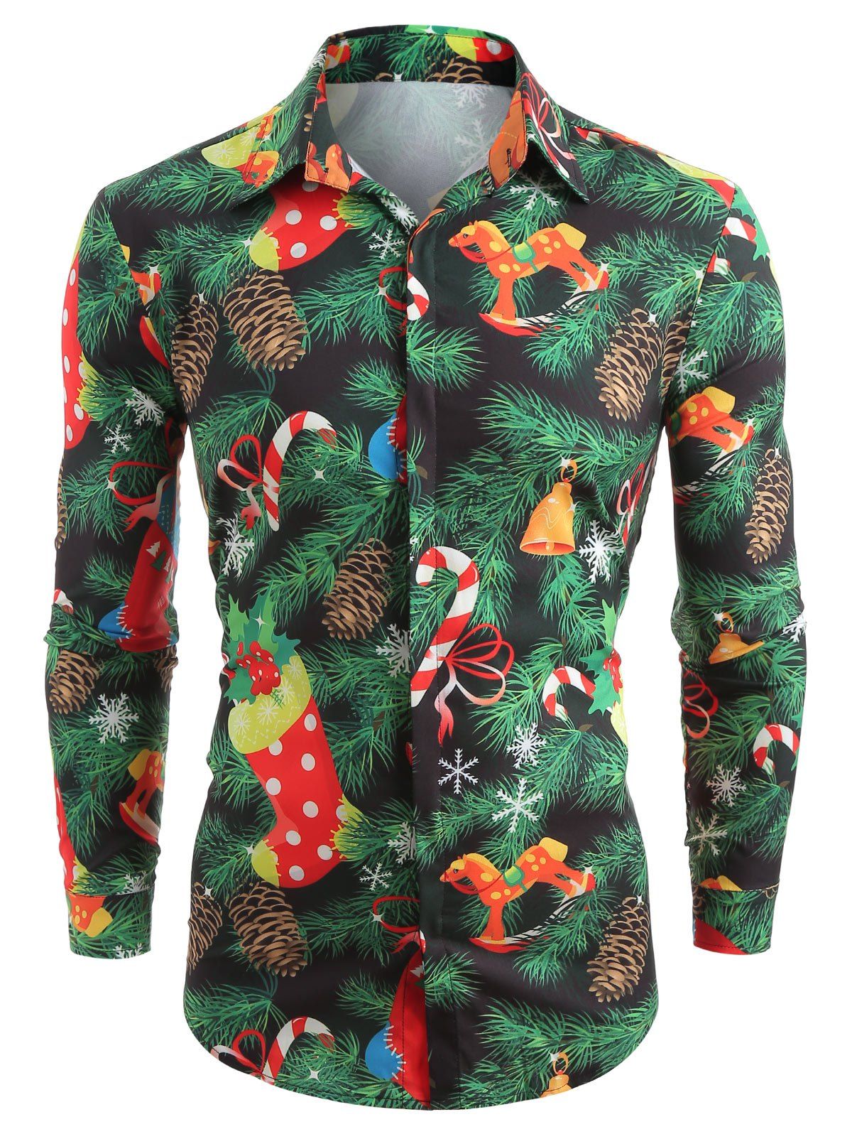 

Christmas Theme Print Hidden Button Shirt, Black