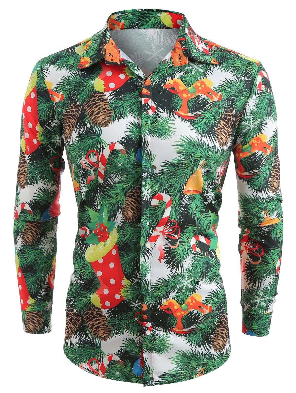 

Christmas Theme Print Hidden Button Shirt, White