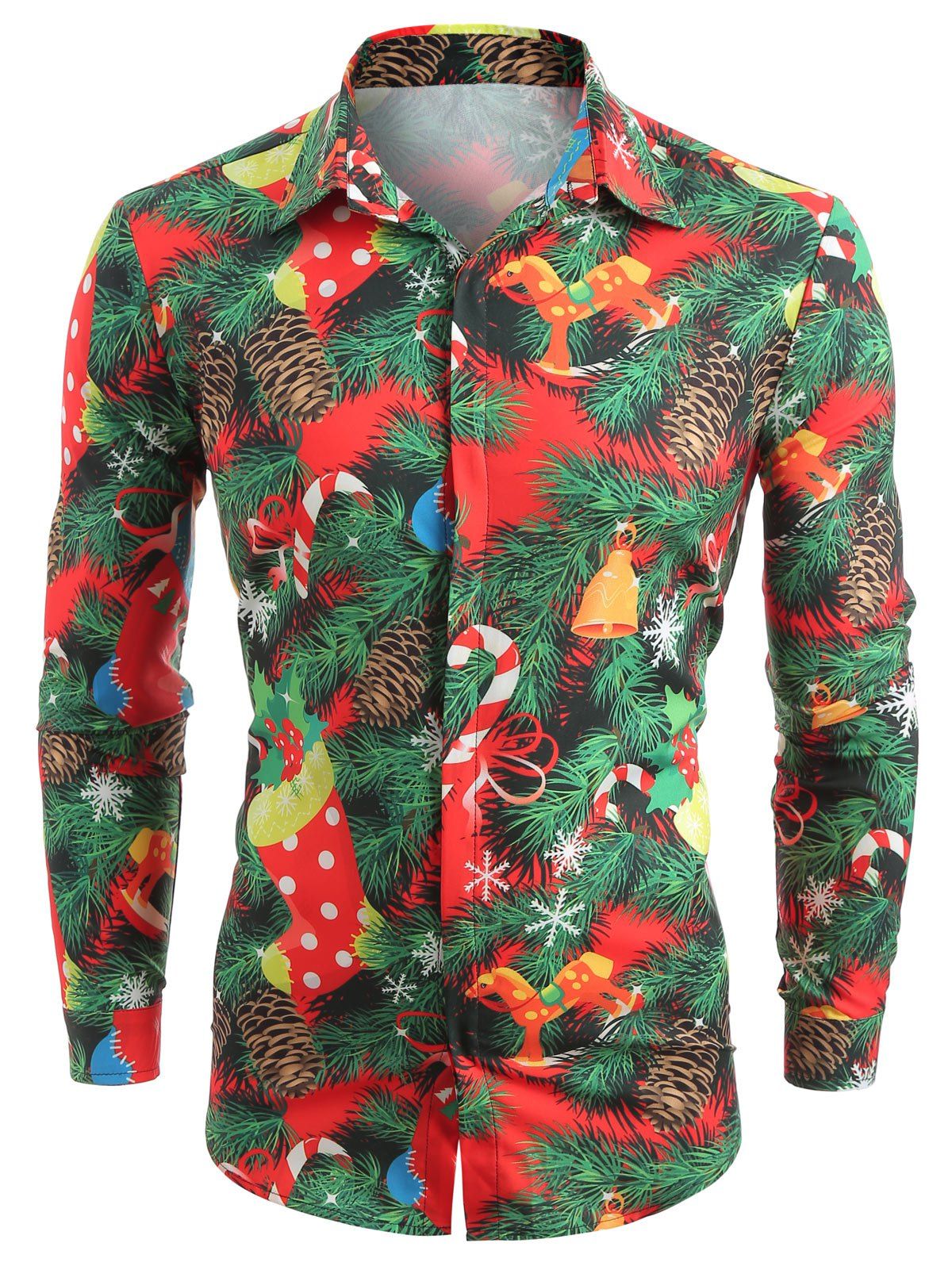 

Christmas Theme Print Hidden Button Shirt, Chestnut red