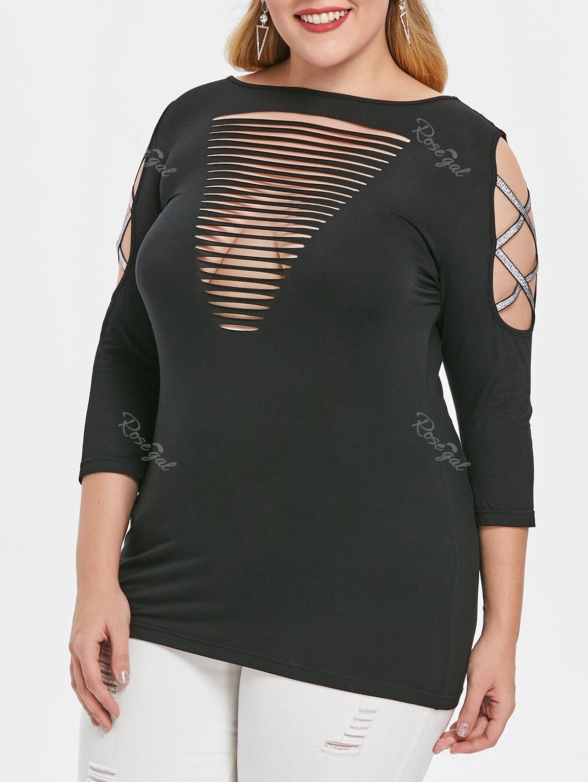 

Plus Size Cut Out Criss Cross Sleeve T-shirt, Black