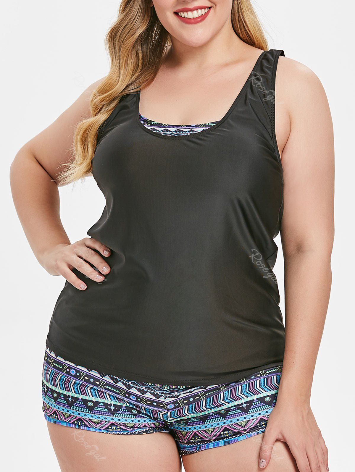 

Back Cut Out Plus Size Printed Tankini Set, Black