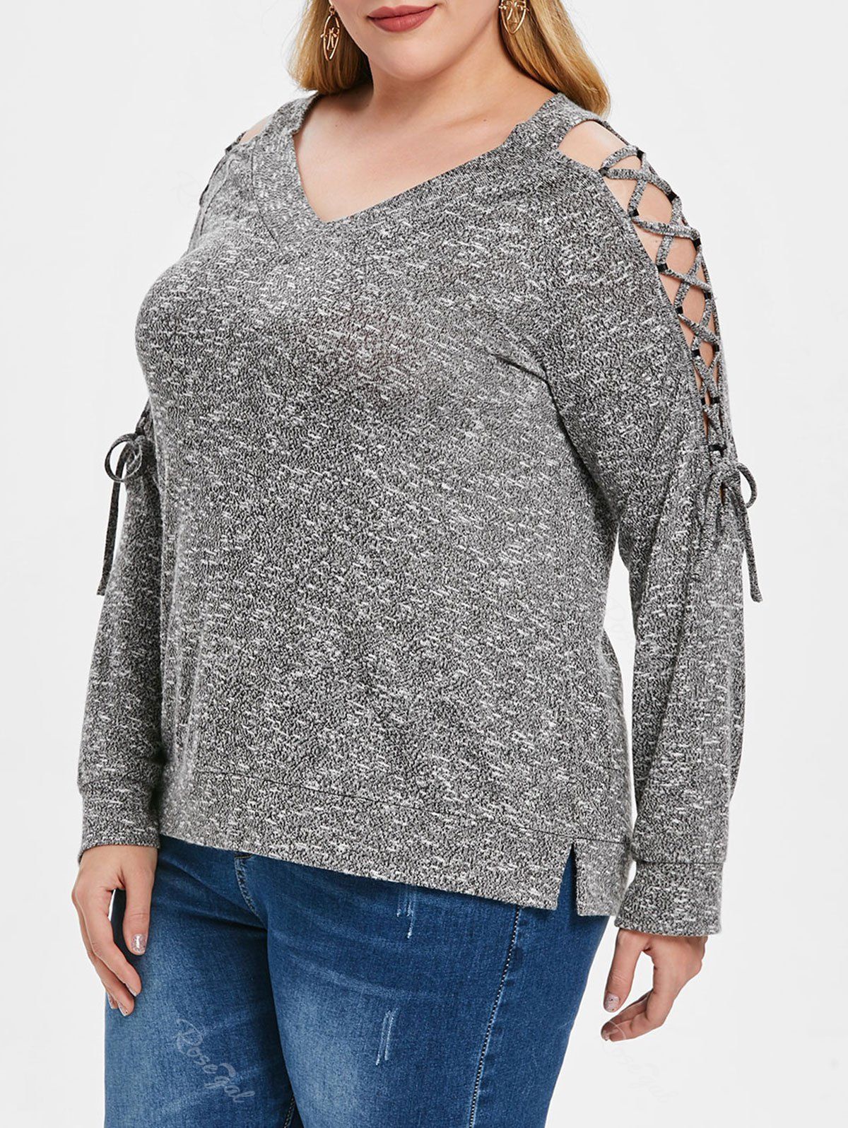 

Plus Size V Neck Lace Up T-shirt, Gray