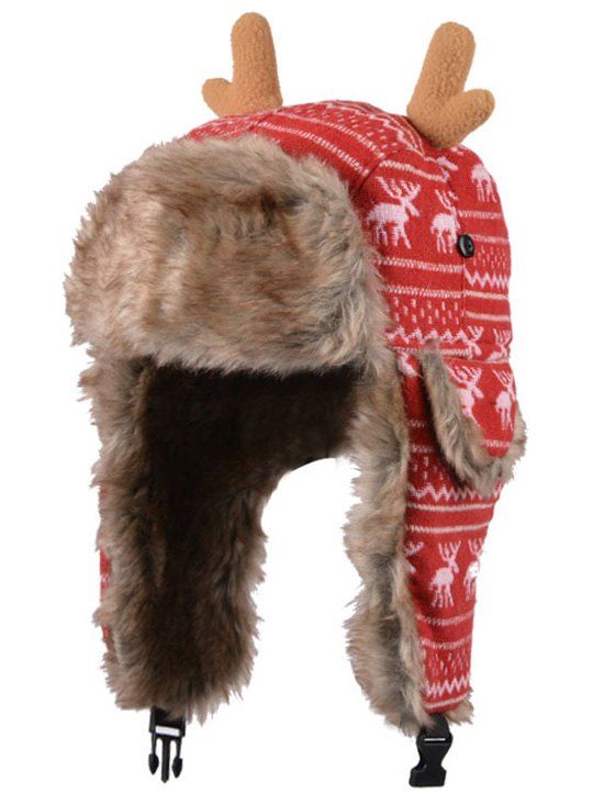 

Christmas Elk Pattern Trapper Hat, Red