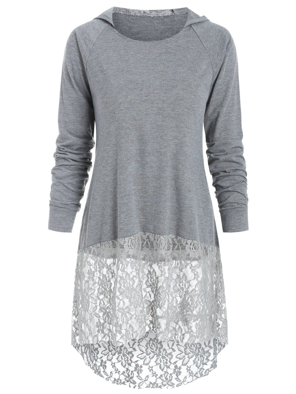 

Round Neck Hooded Lace Insert Top, Gray cloud