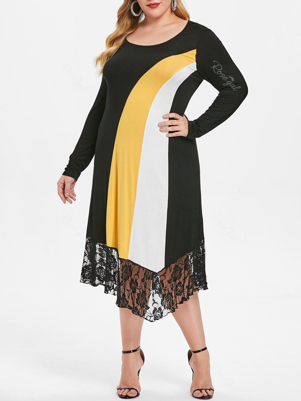 Sale Plus Size Lace Insert Color Block Back Criss Cross Dress  