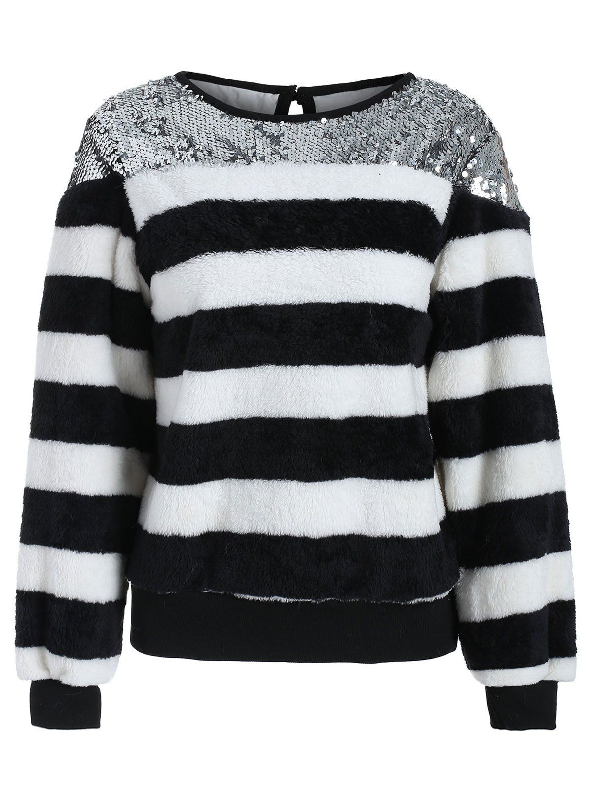

Sequin Faux Fur Striped Top, Black