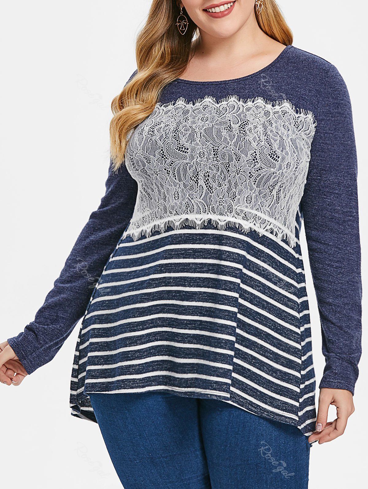 

Plus Size Long Sleeves Lace Splicing Stripe High Low Tee, Dark slate blue
