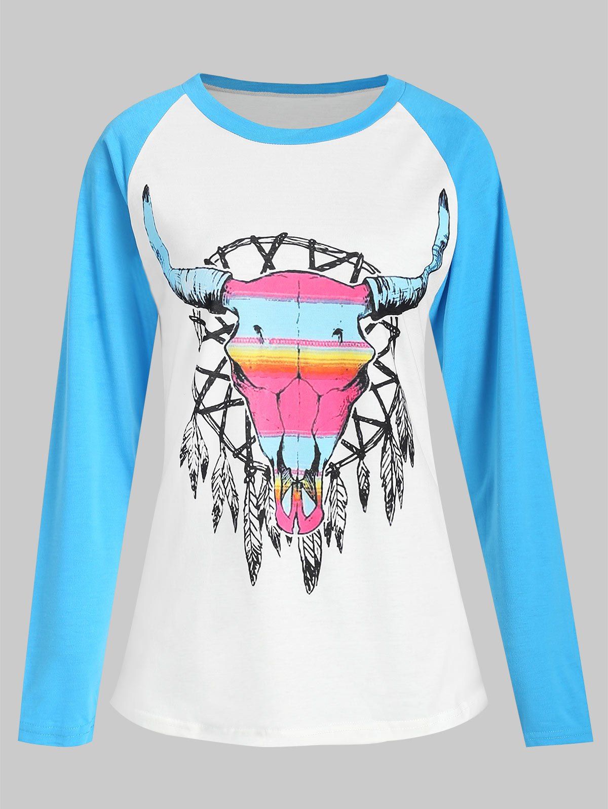 

Ethnic Cow Print Raglan Sleeve Top, Multi-a