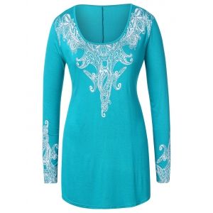 

Plus Size Ethnic Print Long T-shirt, Light sea green