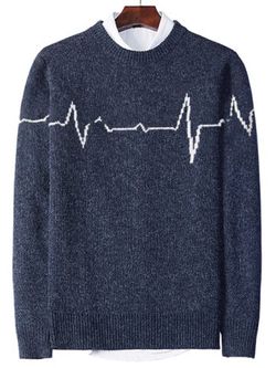 Electrocardiogram Pattern Pullover Knit Sweater - DEEP BLUE - XS