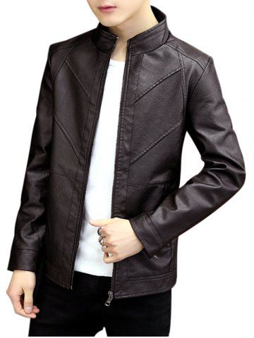 Chaqueta de la PU de la cremallera de la costura del motor del otoño - BROWN - S
