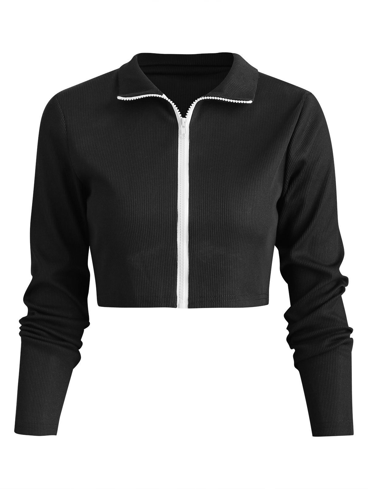 

Long Sleeve Zip Up Crop T-shirt, Black