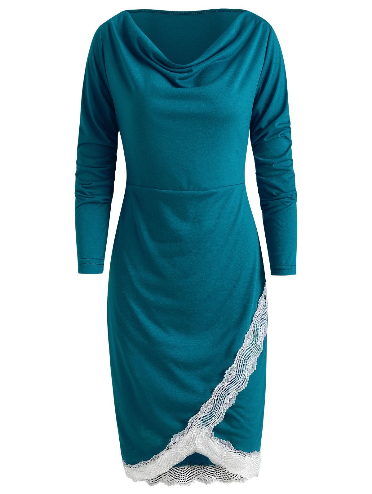 

Long Sleeve Lace Trim Sheath Dress, Peacock blue