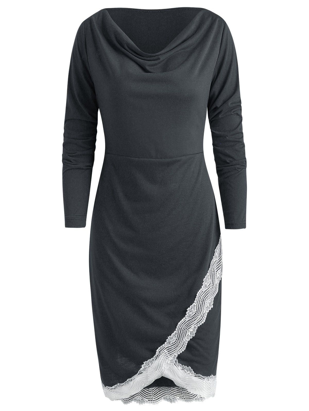 

Long Sleeve Lace Trim Sheath Dress, Dark gray