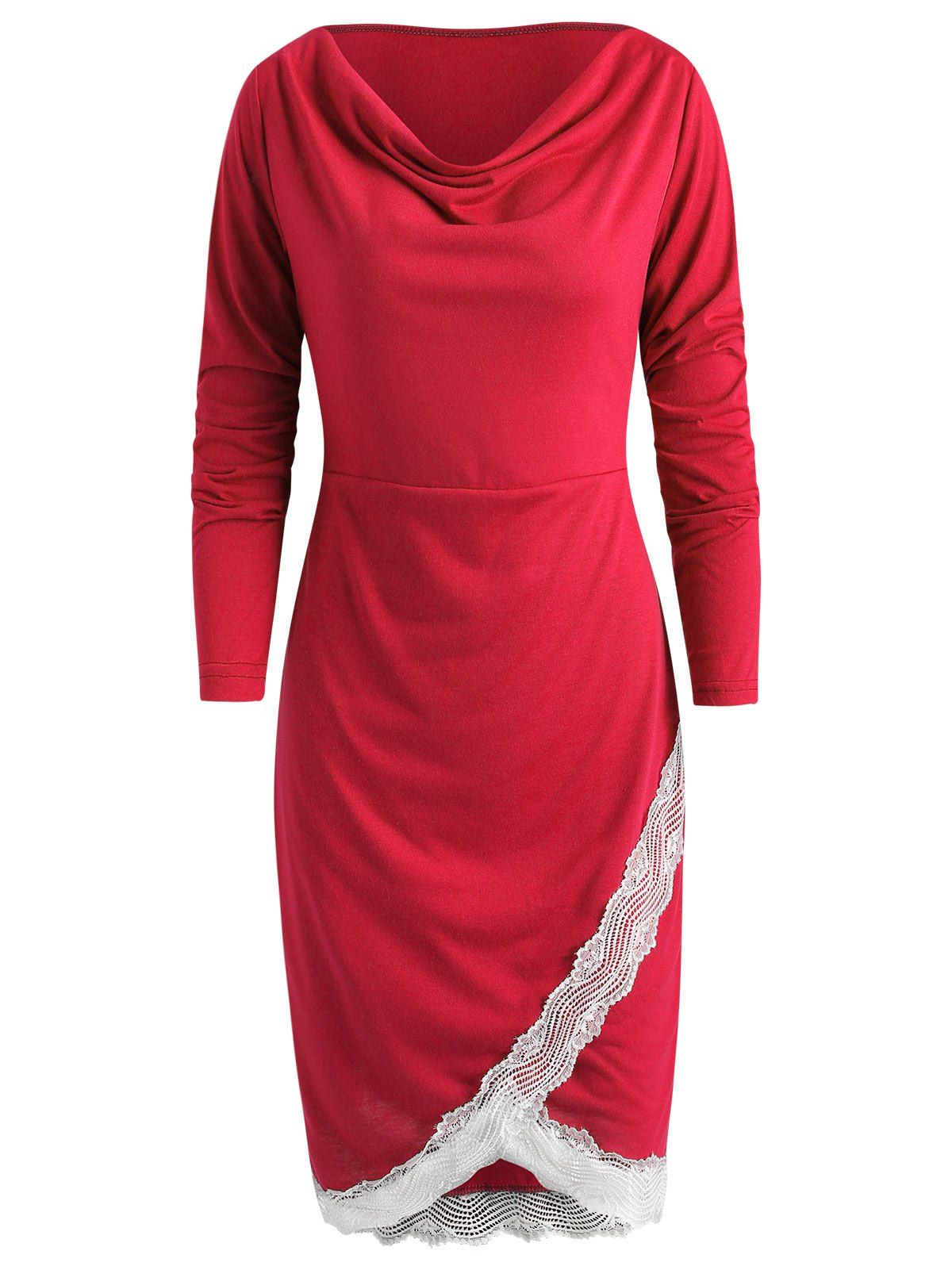 

Long Sleeve Lace Trim Sheath Dress, Lava red