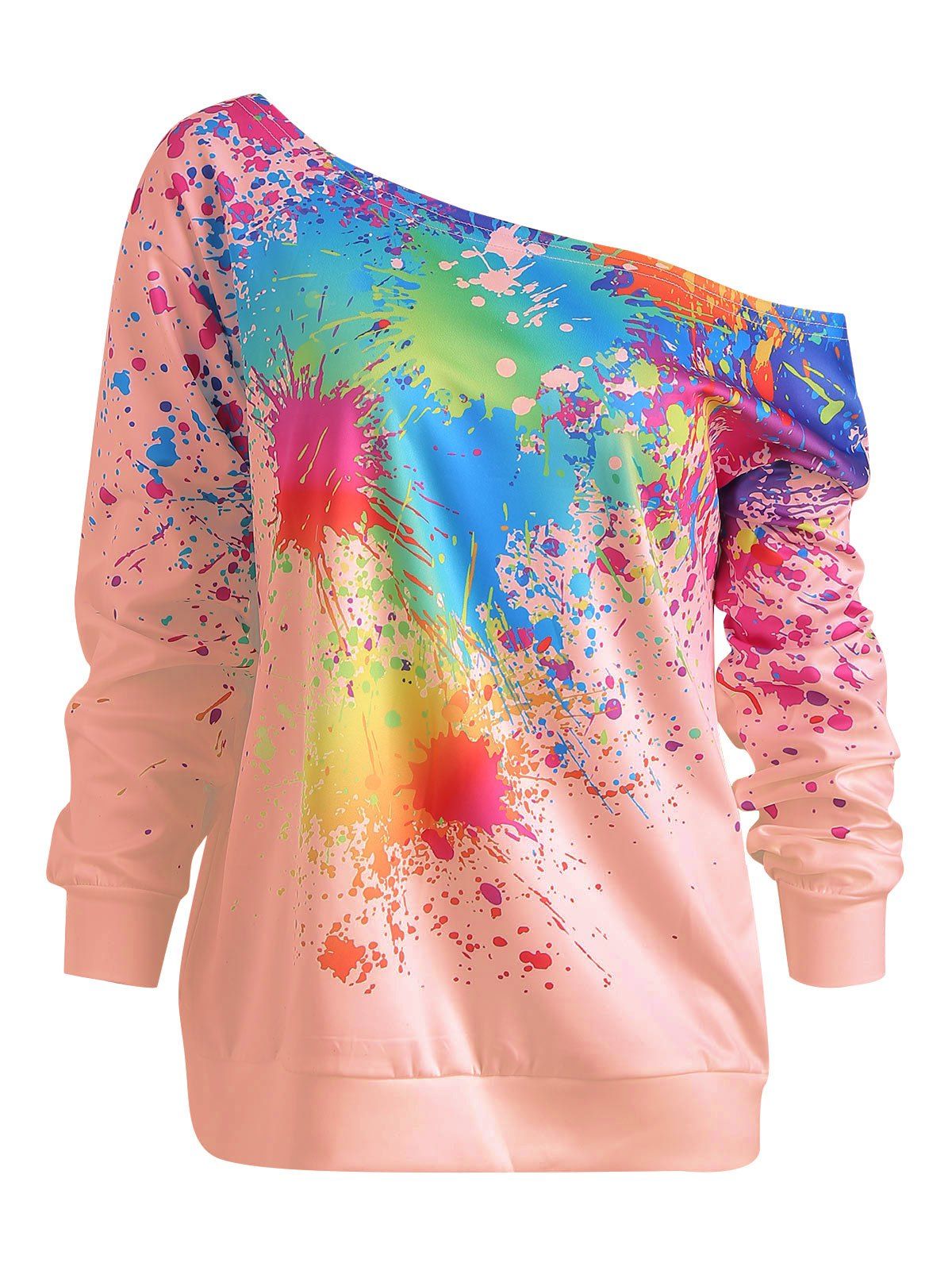 

Paint Splatter Print Skew Neck Sweatshirt, Flamingo pink