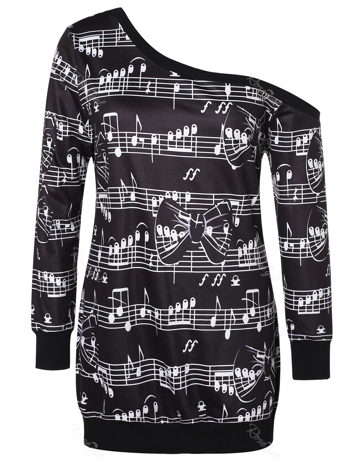

Plus Size Musical Notation Print One Shoulder Sweatshirt, Black