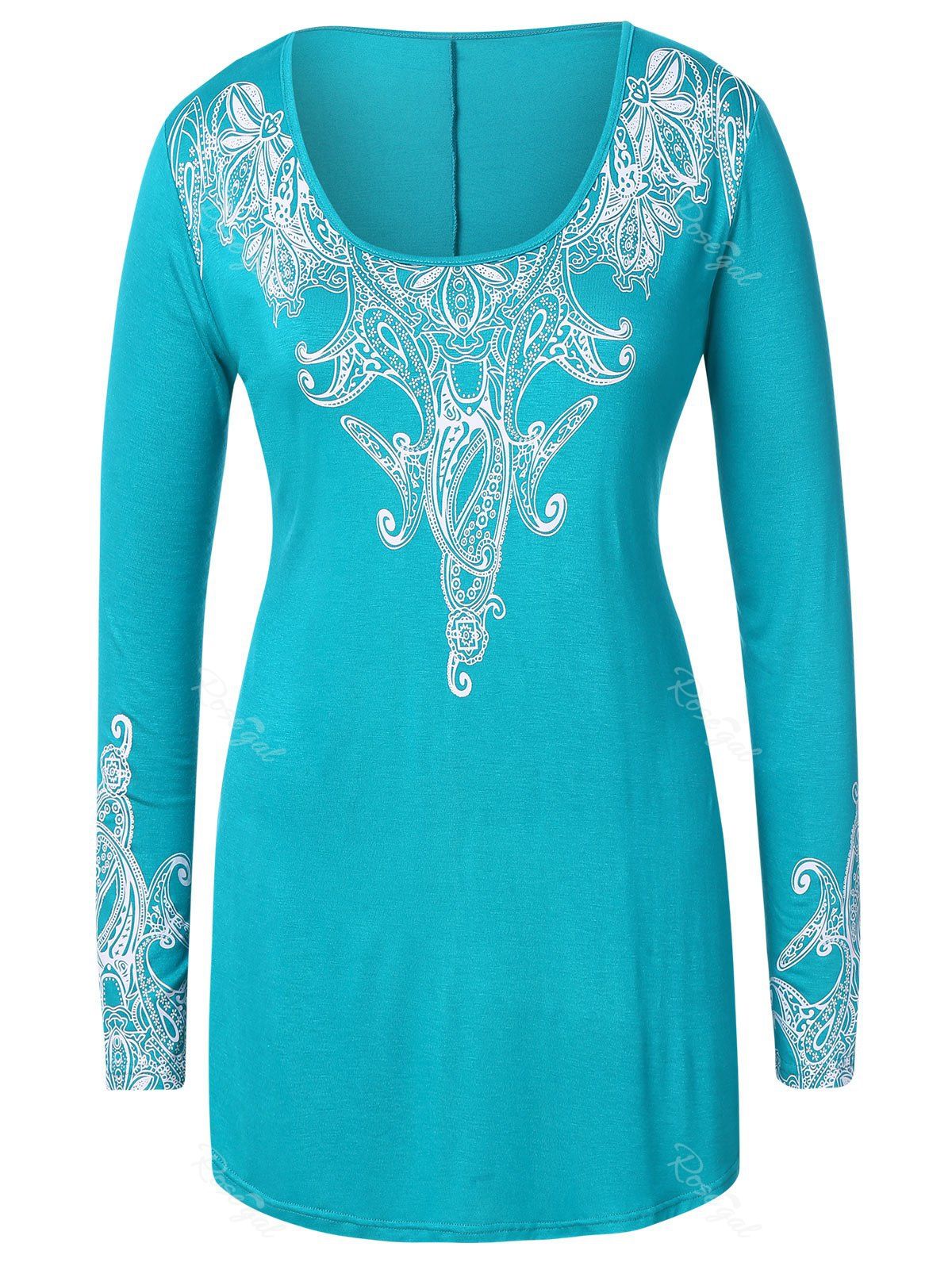 

Plus Size Ethnic Print Long T-shirt, Light sea green