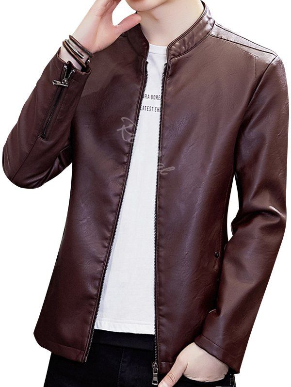 Store Stand Collar Zipper Faux Leather Jacket  
