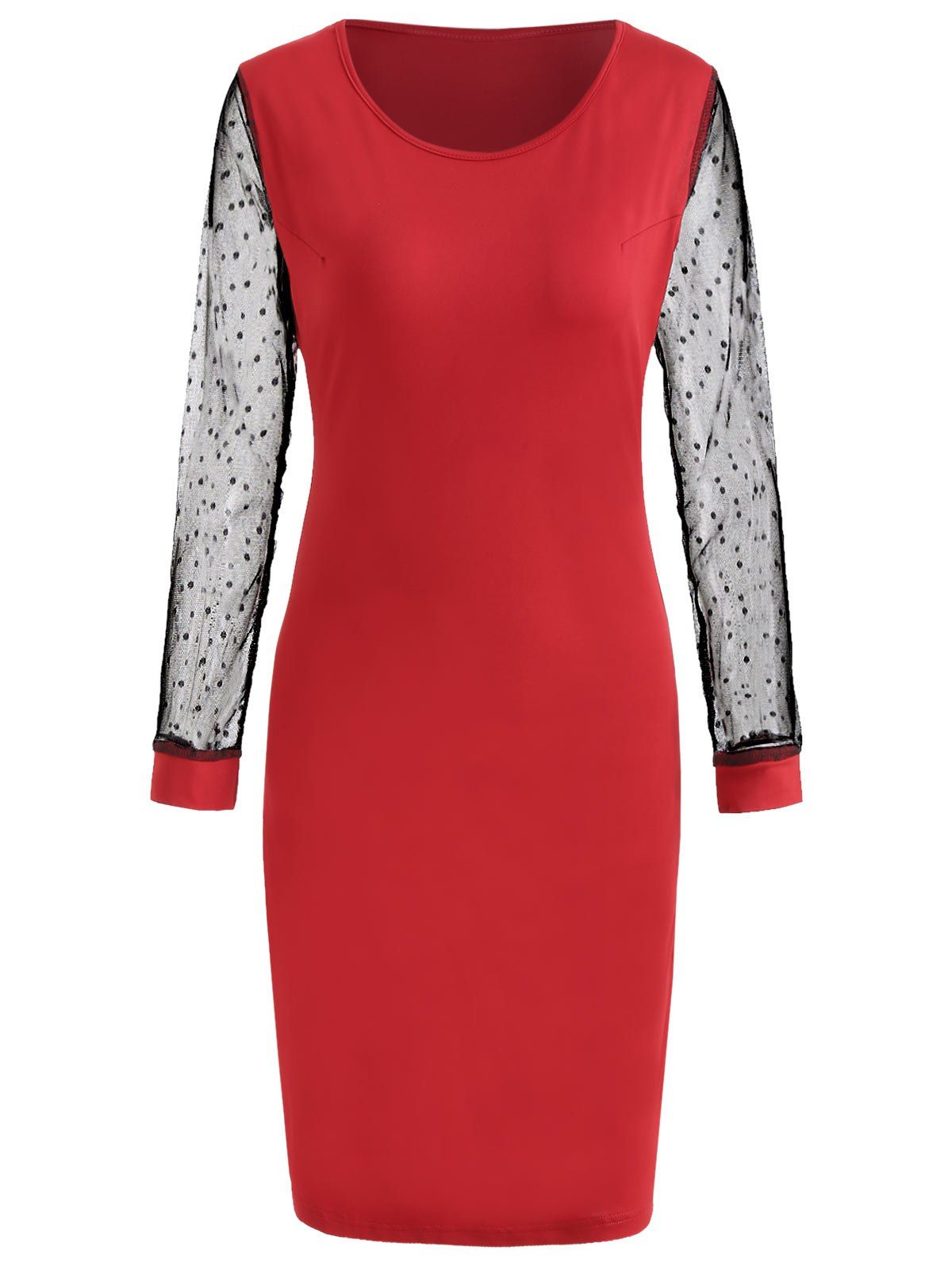 

Polka Dot Mesh Insert Casual Dress, Lava red