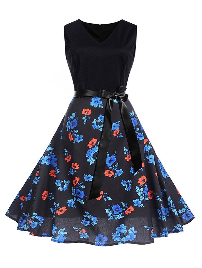 

Vintage Flower Print V Neck Dress, Black