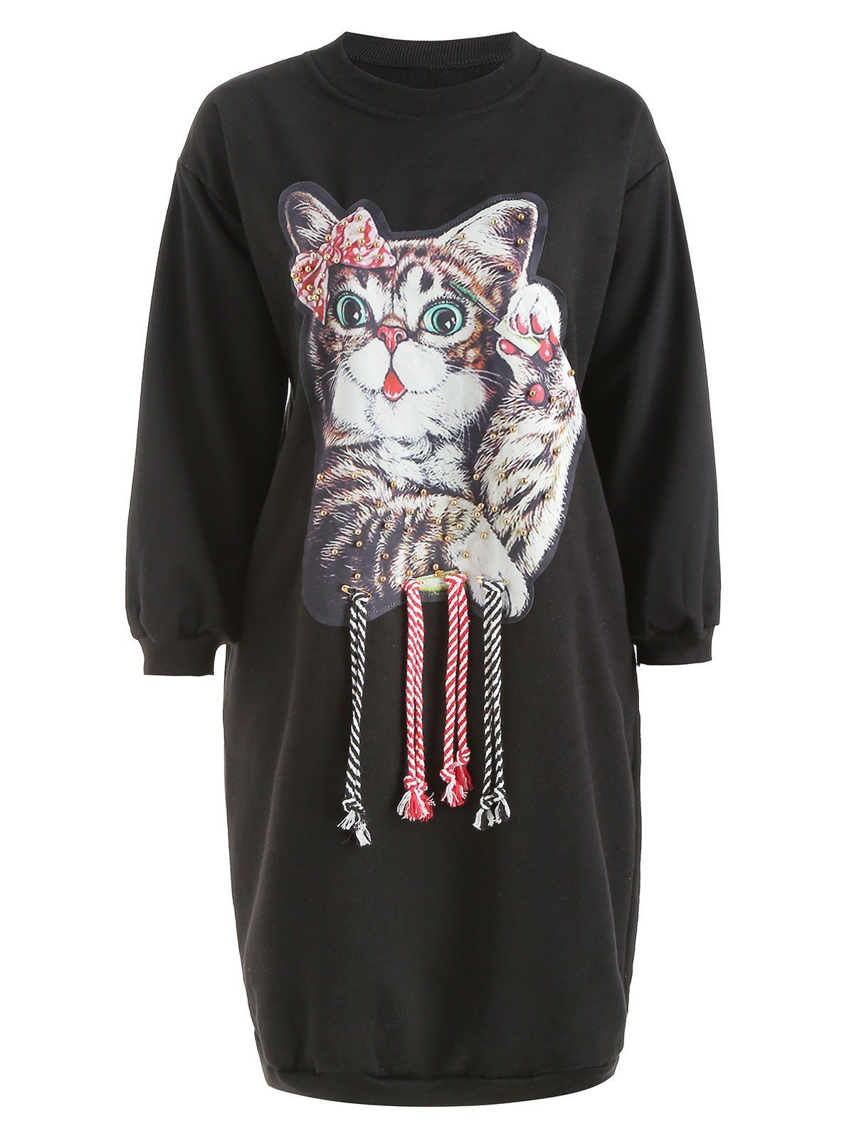 

Crew Neck Cat Print Beaded Long Sweatshirt, Black