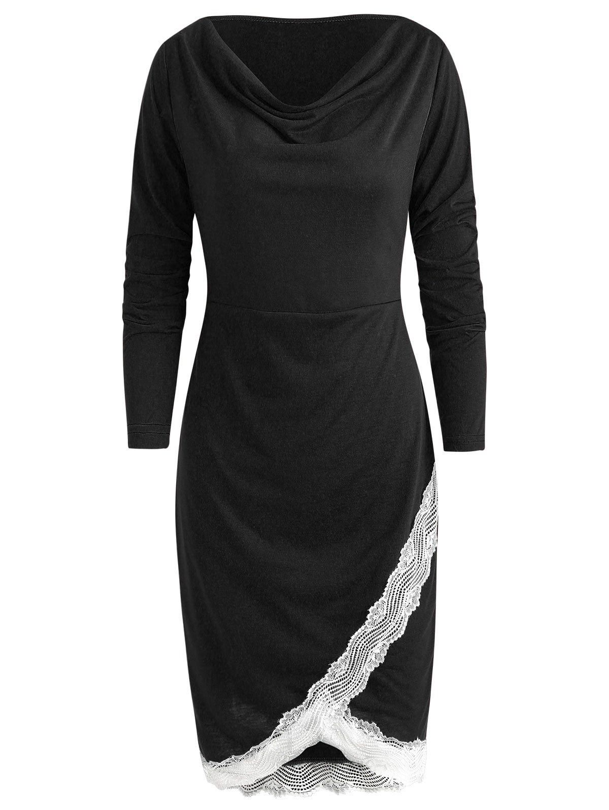 

Long Sleeve Lace Trim Sheath Dress, Black