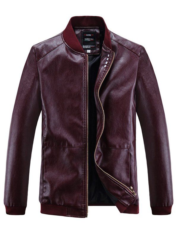 

Solid Ribbed Edge Motor PU Jacket, Red wine