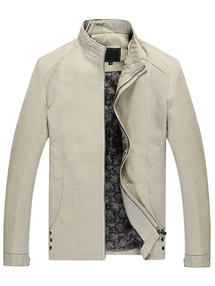 

Casual Solid Pouch Pocket Zipper Up Jacket, Beige