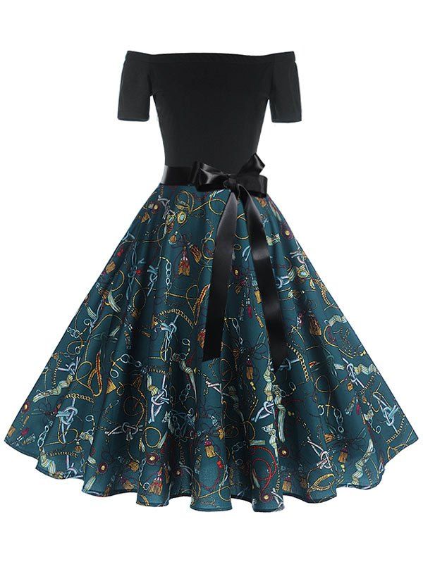 

Printed Off The Shoulder Vintage Dress, Black